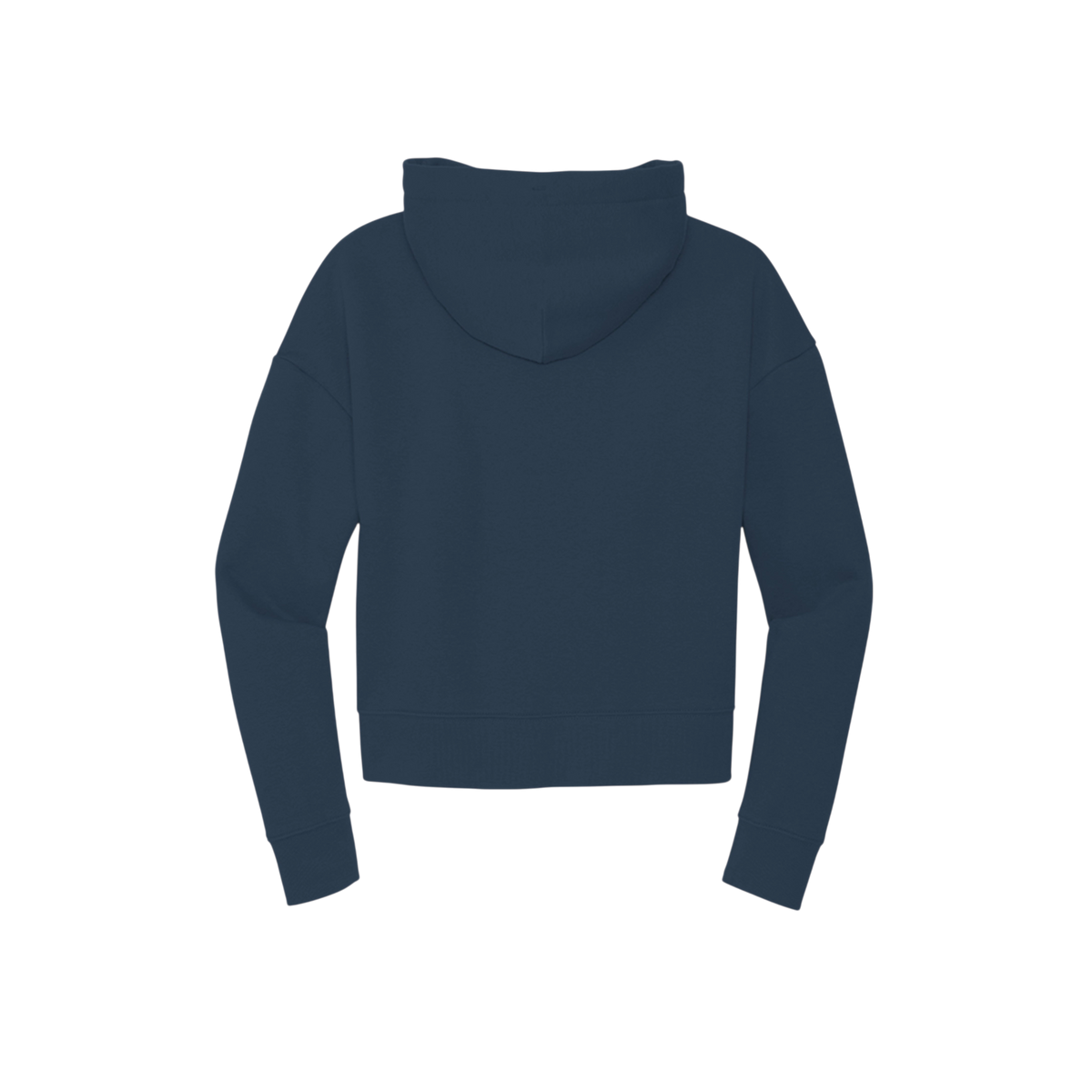 A dark navy blue cropped hoodie shown from the back, displayed on a clean white background.