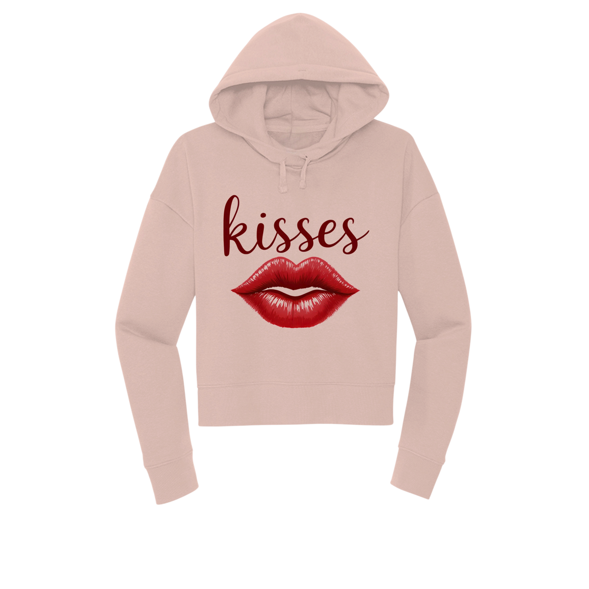 A light pink cropped hoodie with a graphic print on the front featuring the word 'kisses' in dark red script and a pair of glossy red lips below it, shown against a plain white background.
