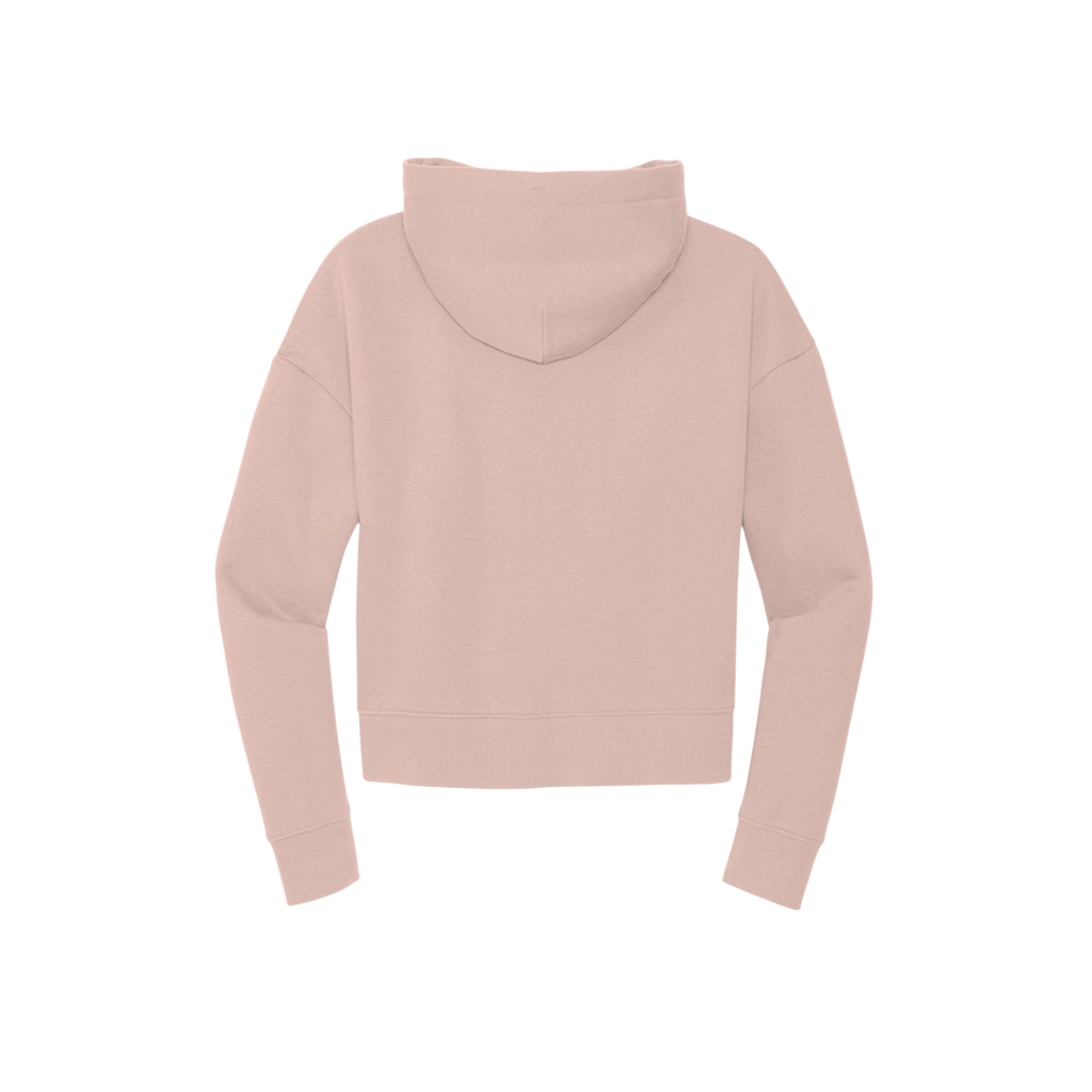 A light pink cropped hoodie shown from the back, featuring a high mock neck, long sleeves, and ribbed cuffs and hem, displayed on a solid white background.