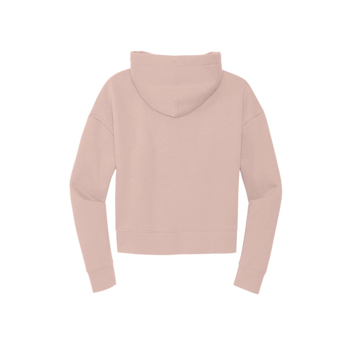 A light pink cropped hoodie shown from the back, featuring a high mock neck, long sleeves, and ribbed cuffs and hem, displayed on a solid white background.