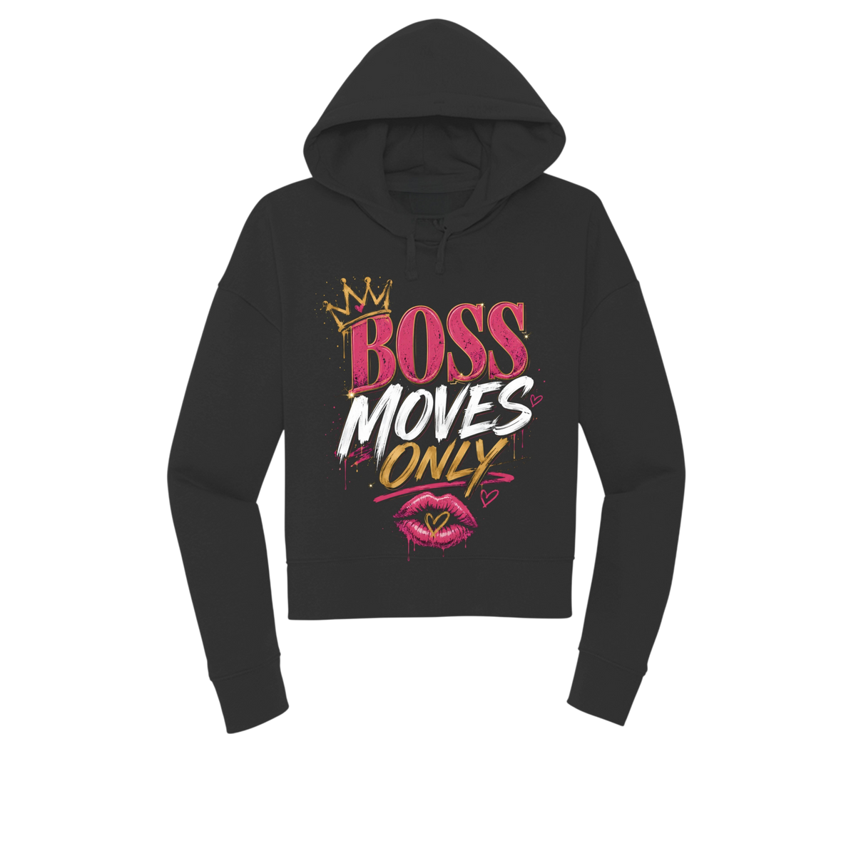 A black cropped hoodie with a colorful graphic on the front that reads 'BOSS MOVES ONLY' with a crown, white and pink text, and pink lips. The hoodie is shown against a plain white background.