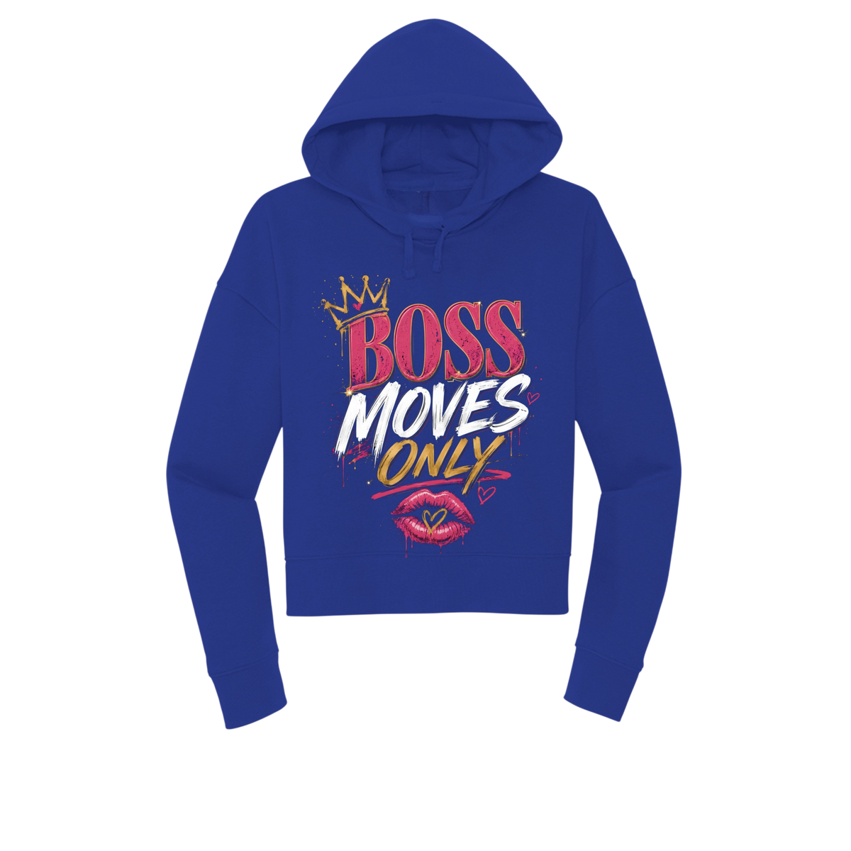 A royal blue cropped hoodie with a colorful graphic on the front that reads 'BOSS MOVES ONLY' with a small crown and lips design, shown on a plain white background.
