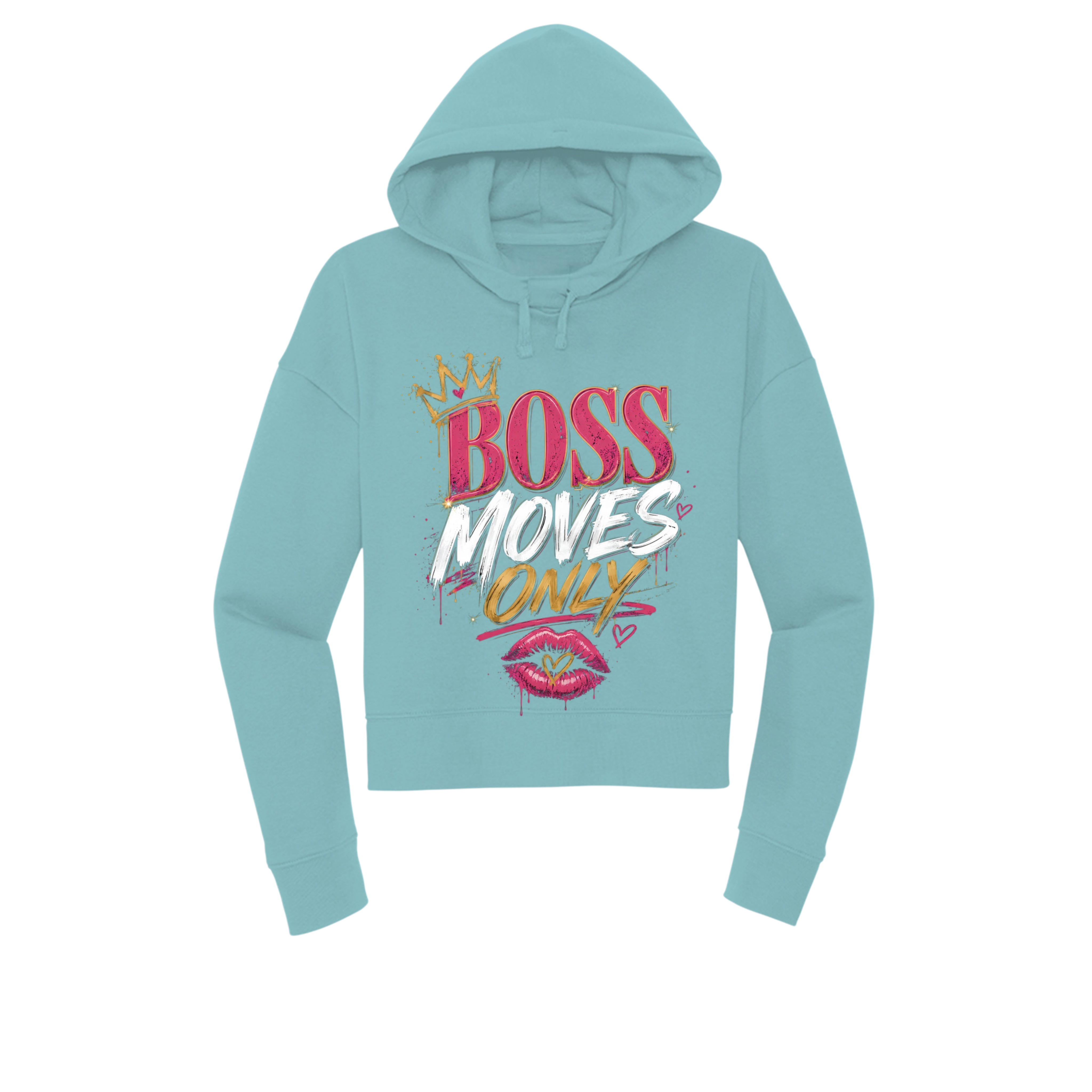 A light blue cropped hoodie with a colorful graphic on the front that reads 'BOSS MOVES ONLY' with a crown, white text, and pink lips, shown on a plain white background.