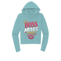 A light blue cropped hoodie with a colorful graphic on the front that reads 'BOSS MOVES ONLY' with a crown, white text, and pink lips, shown on a plain white background.
