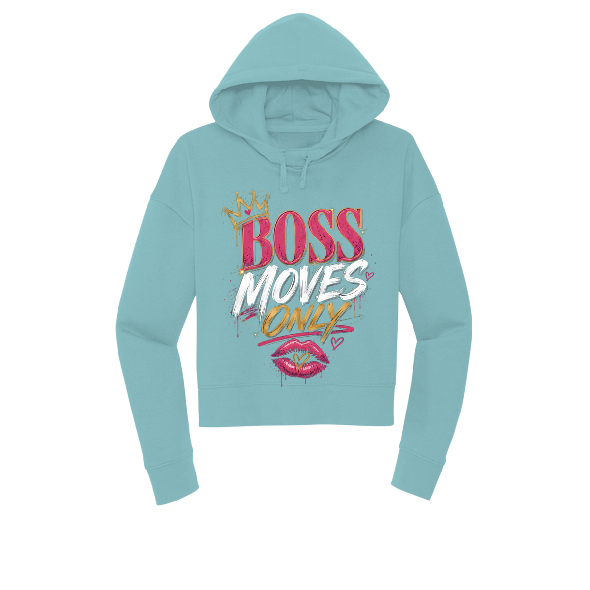 A light blue cropped hoodie with a colorful graphic on the front that reads 'BOSS MOVES ONLY' with a crown, white text, and pink lips, shown on a plain white background.