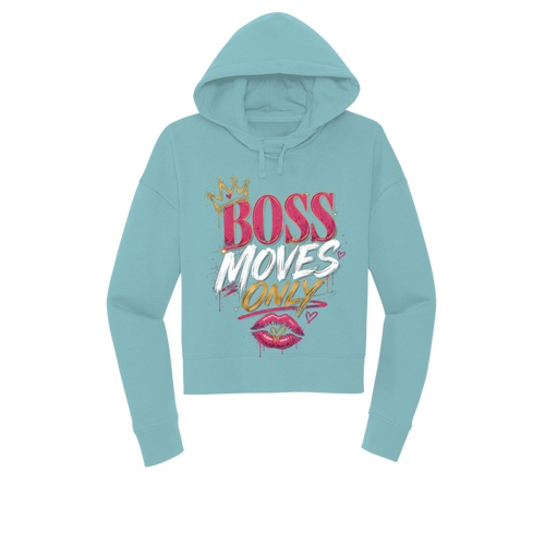 A light blue cropped hoodie with a colorful graphic on the front that reads 'BOSS MOVES ONLY' with a crown, white text, and pink lips, shown on a plain white background.