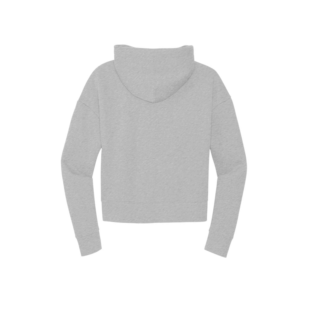 A light gray cropped hoodie shown from the back, featuring a wide collar and long sleeves, displayed on a solid white background.
