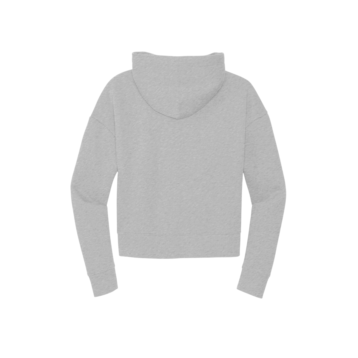 A light gray cropped hoodie shown from the back, featuring a wide collar and long sleeves, displayed on a solid white background.