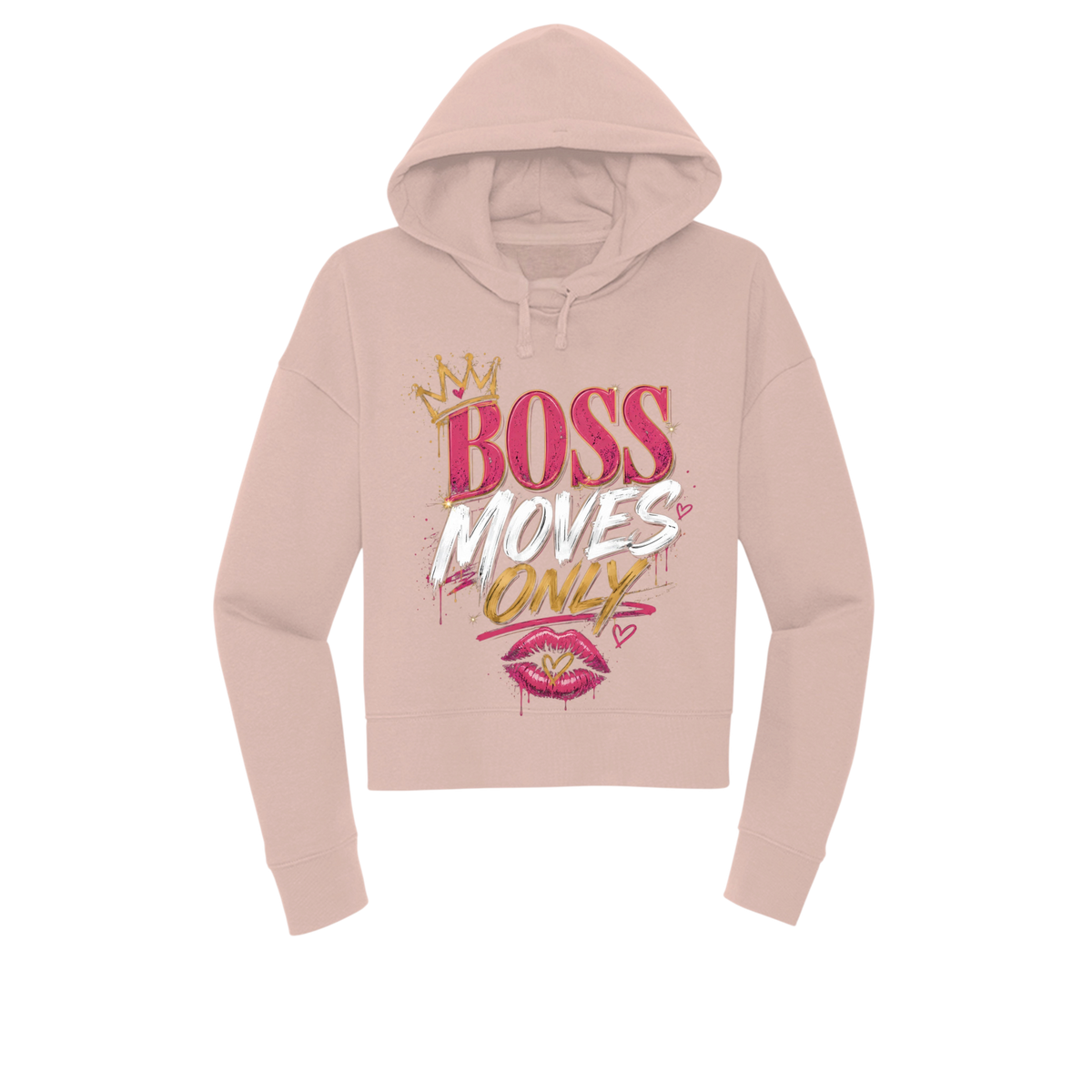 A light pink cropped hoodie with a graphic on the front that reads 'BOSS MOVES ONLY' in pink, white, and gold lettering, accompanied by a small crown and lips illustration, shown on a plain white background.