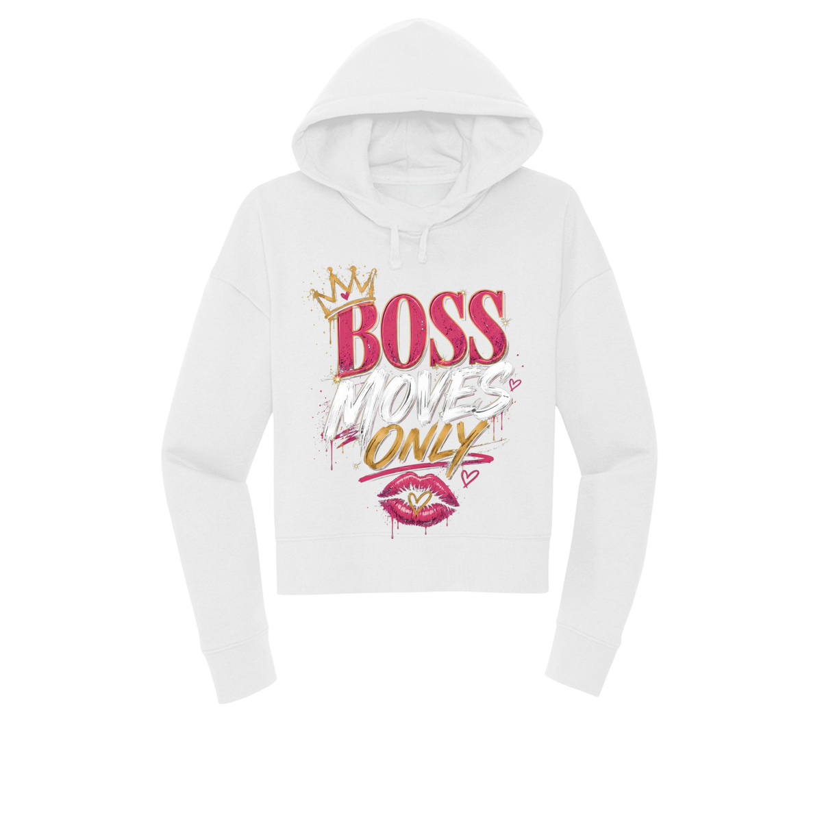 A white cropped hoodie with a graphic print on the front that reads 'BOSS MOVES ONLY' in pink, gold, and white lettering, accompanied by a small crown and lips motif, shown on a plain white background.