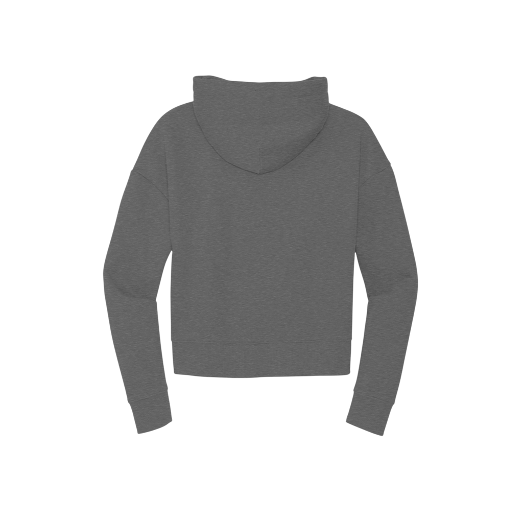 A black cropped hoodie with a wide collar and long sleeves, shown from the back on a solid white background.