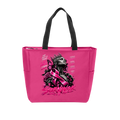 A bright pink tote bag with black handles, featuring a large graphic print of a woman with a crown and pink ribbon on the front, alongside the word 'SURVIVOR' in stylized pink lettering.