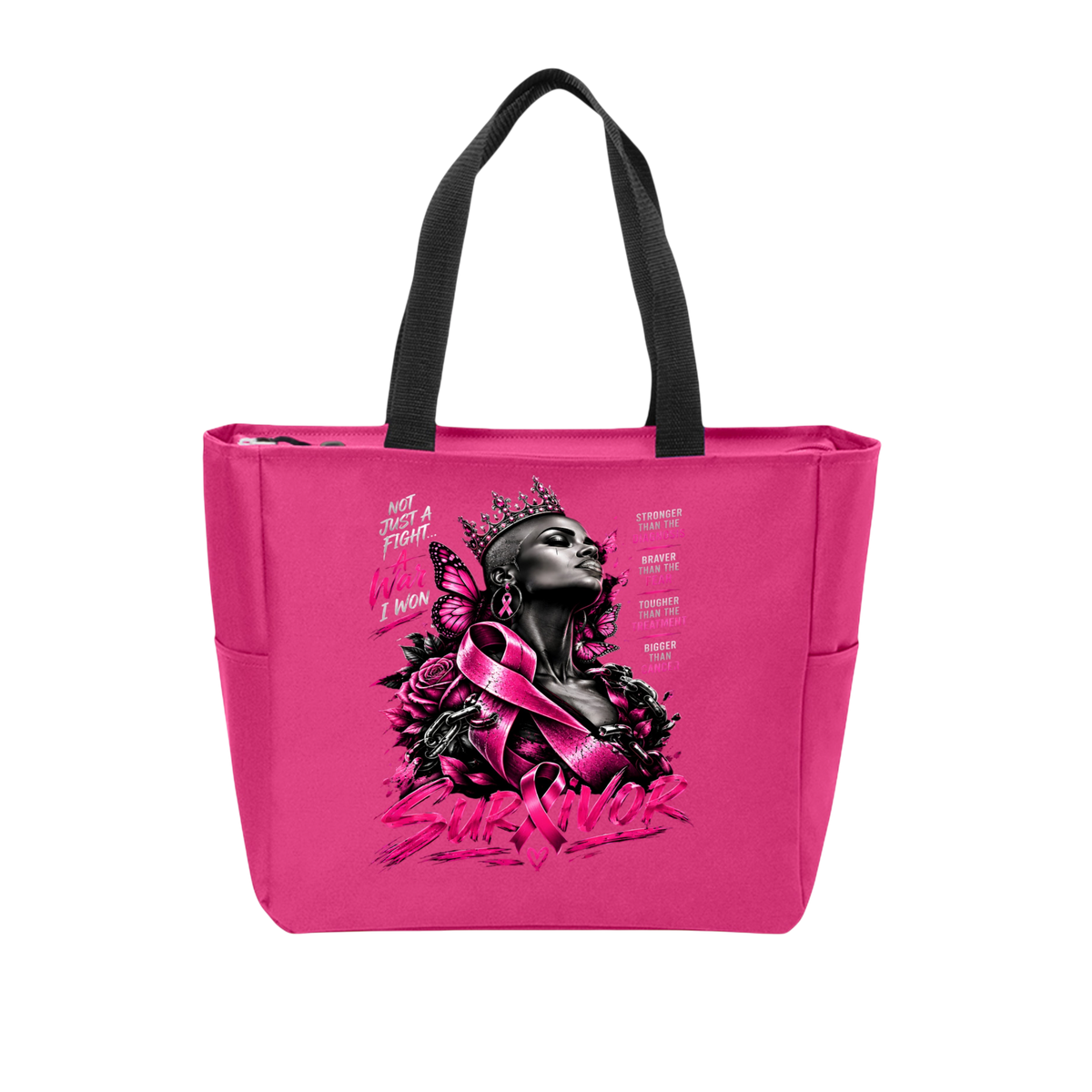 A bright pink tote bag with black handles, featuring a large graphic print of a woman with a crown and pink ribbon on the front, alongside the word 'SURVIVOR' in stylized pink lettering.