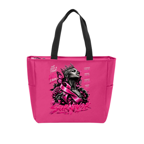 A bright pink tote bag with black handles, featuring a large graphic print of a woman with a crown and pink ribbon on the front, alongside the word 'SURVIVOR' in stylized pink lettering.