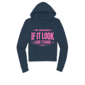 A navy blue cropped hoodie with a pink graphic text print reading 'MY APOLOGIES IF IT LOOK LIKE I CARE' on the front, displayed against a solid white background.