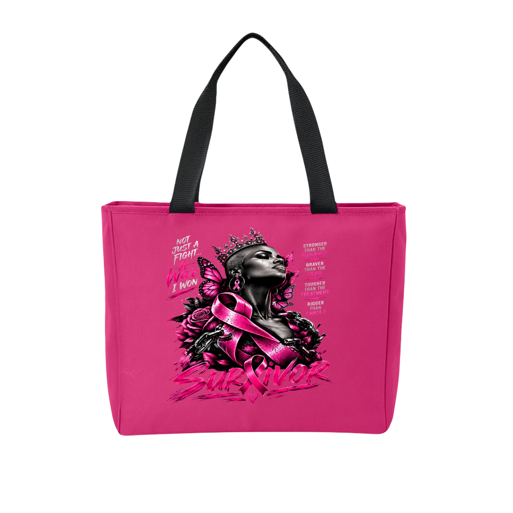 A bright pink canvas tote bag with black shoulder straps, featuring a central graphic of a crowned woman with a pink ribbon, butterflies, roses, and the words 'Just Meant' and 'I Know'.