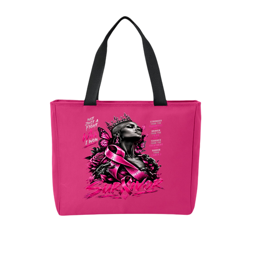 A bright pink canvas tote bag with black shoulder straps, featuring a central graphic of a crowned woman with a pink ribbon, butterflies, roses, and the words 'Just Meant' and 'I Know'.