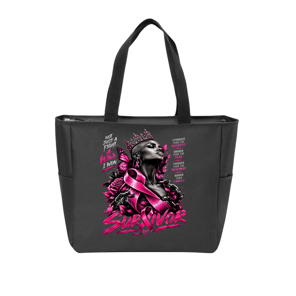 A black tote bag with a prominent pink and white graphic on the front featuring a woman in a crown, a pink ribbon, and the word 'Survivor' with breast cancer-related statistics.