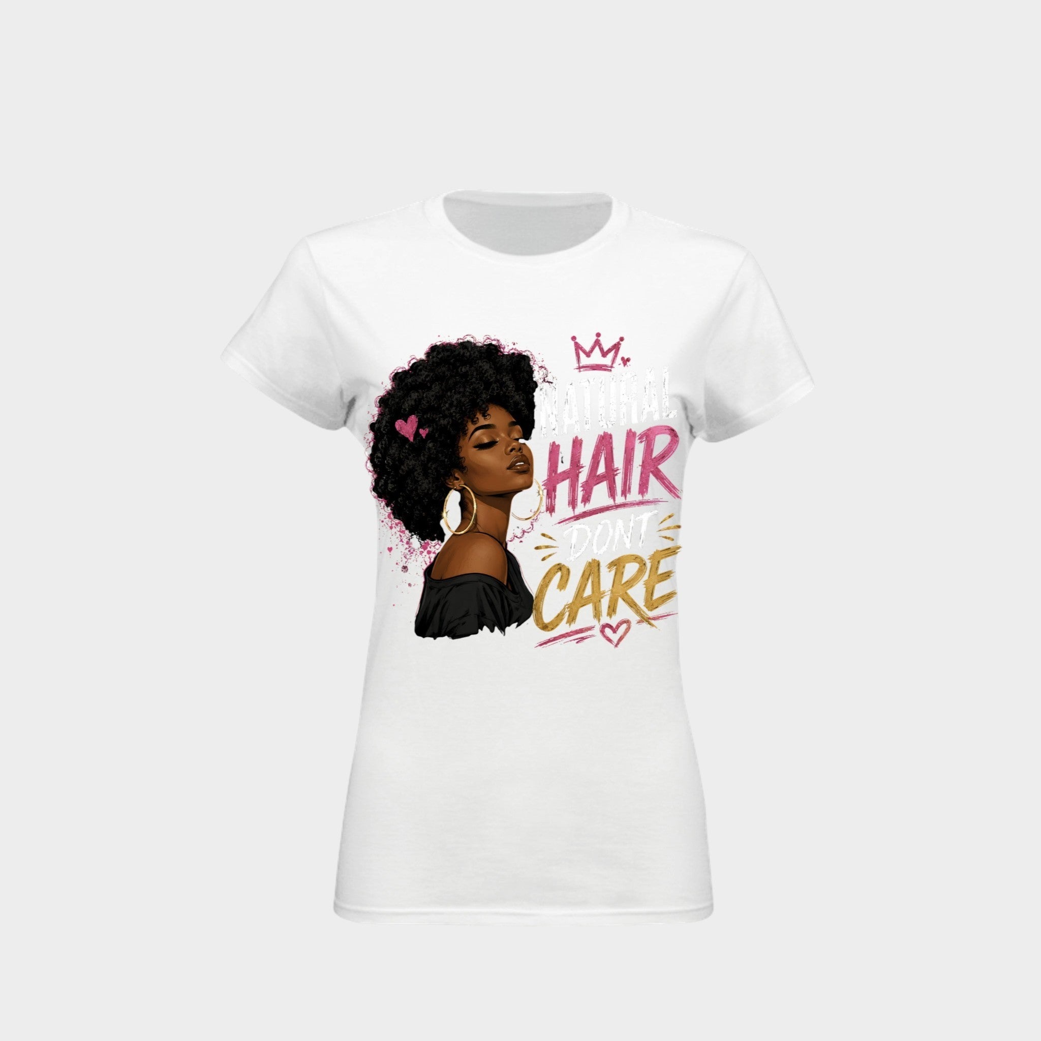 A white short-sleeve crewneck t-shirt featuring a graphic print of a Black woman with an afro hairstyle, pink hearts, and the text 'YOU DESERVE HAIR YOU CARE' in pink and gold lettering, shown on a light gray background.