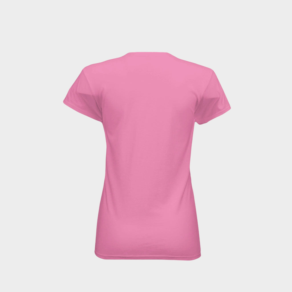 A pink short-sleeve crewneck t-shirt shown from the back, displayed on a light gray background.