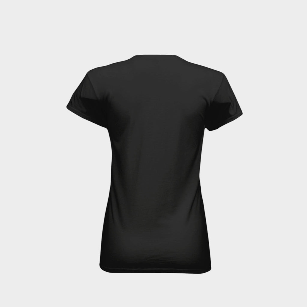 A women's short-sleeve t-shirt in dark heather gray, shown from the back. The shirt features a graphic print with the word 'CHIST' in black and a pink cross, surrounded by the inspirational quote 'I CAN DO ALL THINGS THROUGH CHRIST who Strengthens Me' in black and pink lettering.