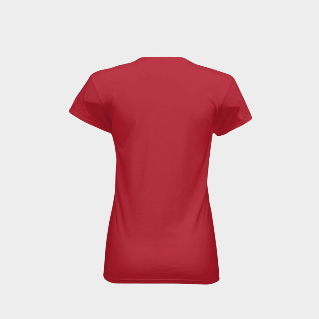 A red short-sleeve crewneck t-shirt shown from the back, displayed on a light gray background.