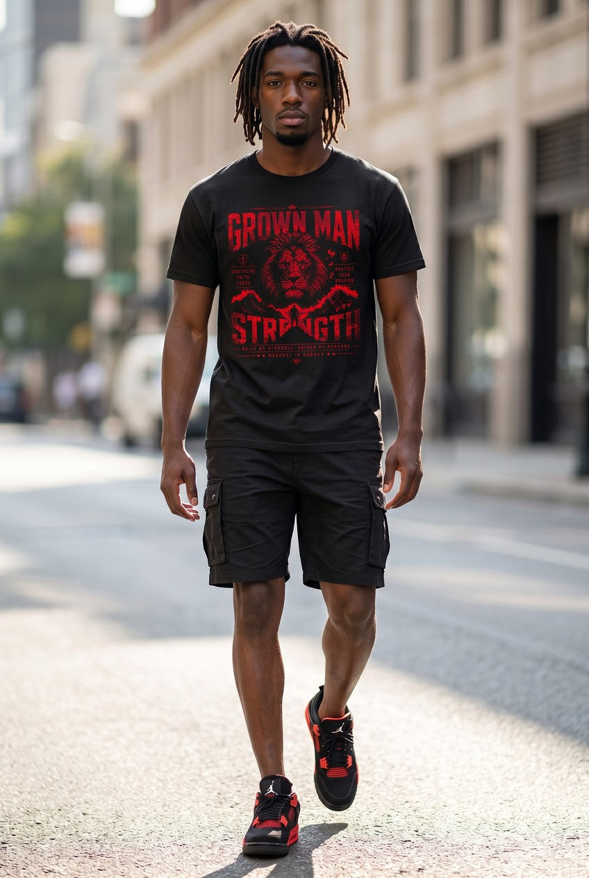 Man walking on a street wearing a black t-shirt with red text and black cargo shorts.