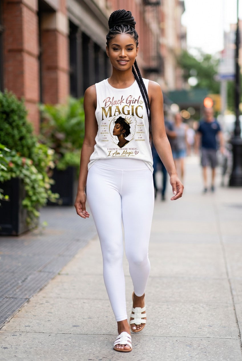 Woman wearing a 'Black Girls Magic' tank top walking on a city street.
