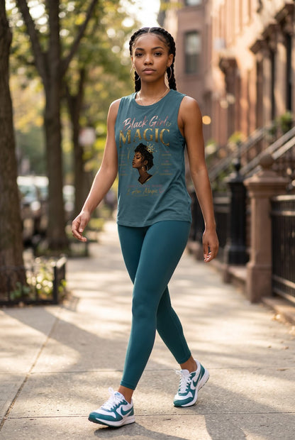 Woman walking on a sidewalk wearing a teal tank top and leggings with a visible brand logo.