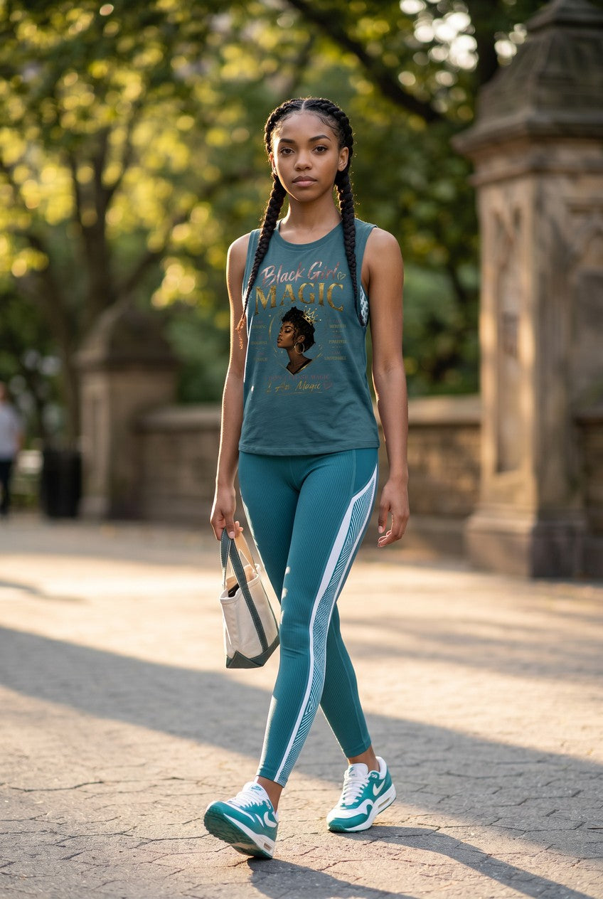Woman walking on a sidewalk wearing a teal tank top and leggings with a visible brand logo.