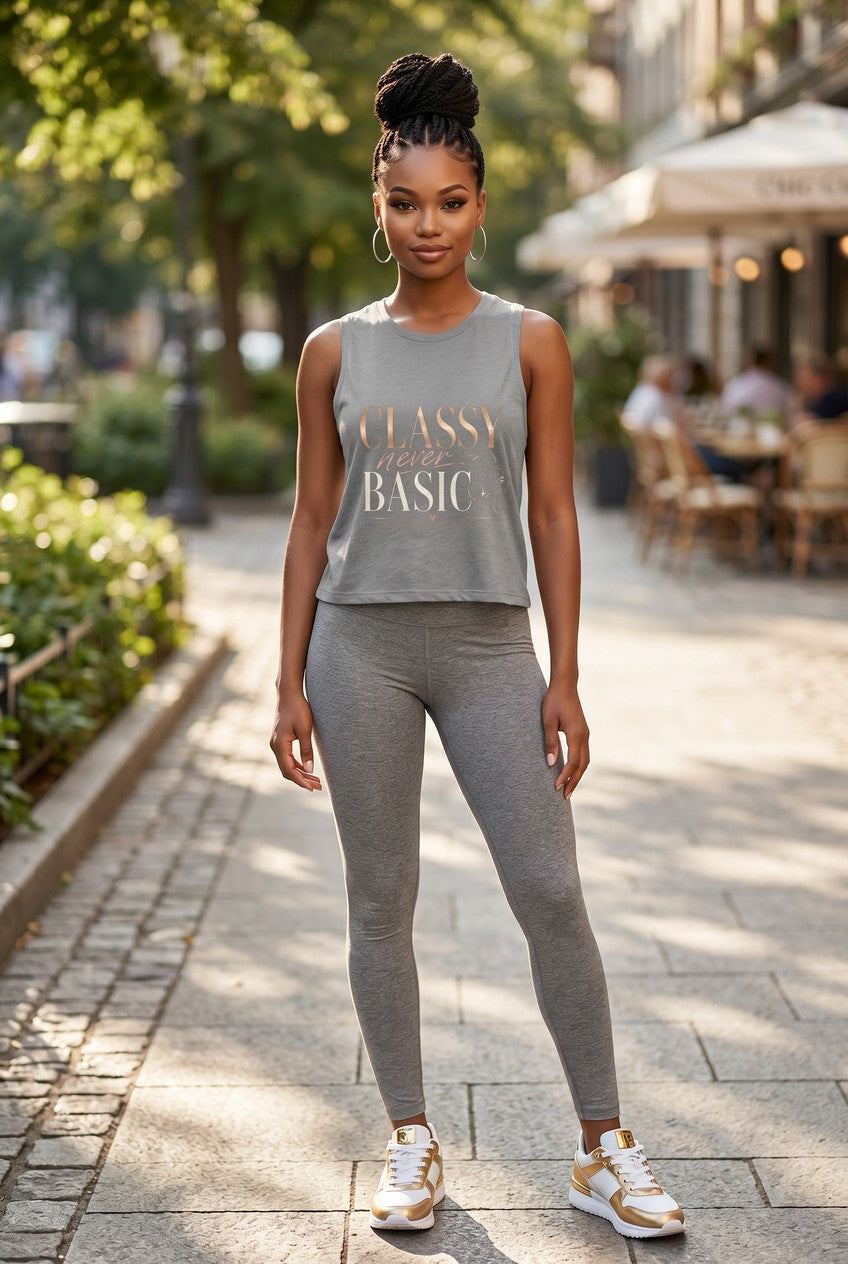 A woman stands on a sunlit outdoor sidewalk wearing a heather gray sleeveless tank top with the words 'CLASSY BASIC' in metallic lettering and matching heather gray leggings, paired with white sneakers.