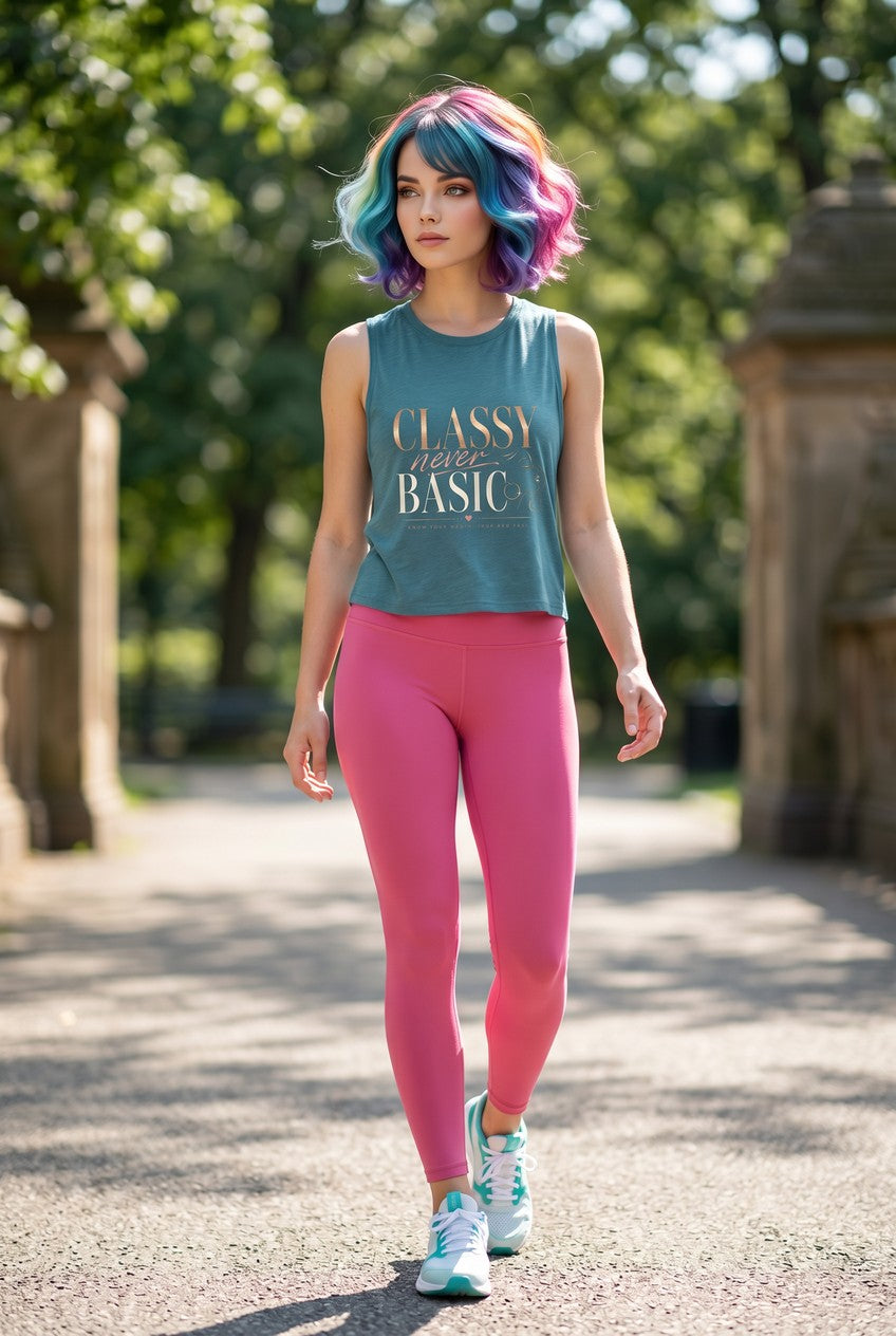 A woman walking outdoors on a park path wearing a sleeveless teal top with the words 'CLASSY BASIC' in gold and white, paired with bright pink leggings and light blue sneakers.