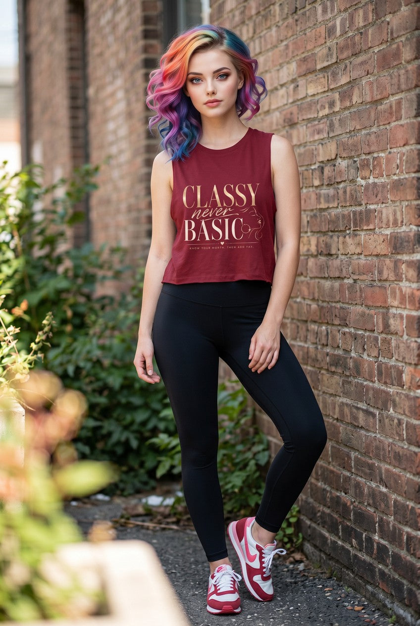 A woman with vibrant rainbow hair stands against a brick wall wearing a maroon cropped tank top with 'CLASSY never BASIC' printed in gold and white, paired with black leggings and red and white sneakers.