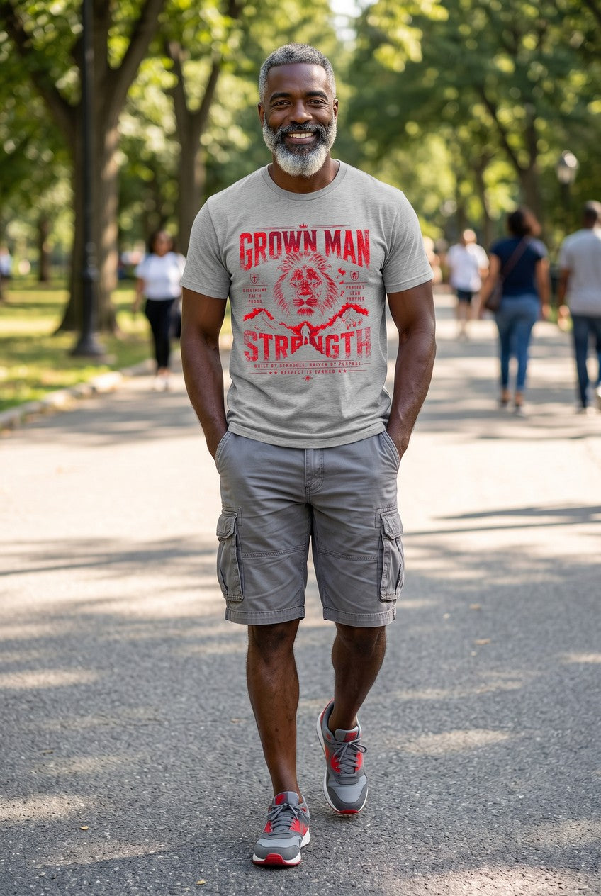 Man wearing a 'Grown Man Strength' t-shirt in a park setting