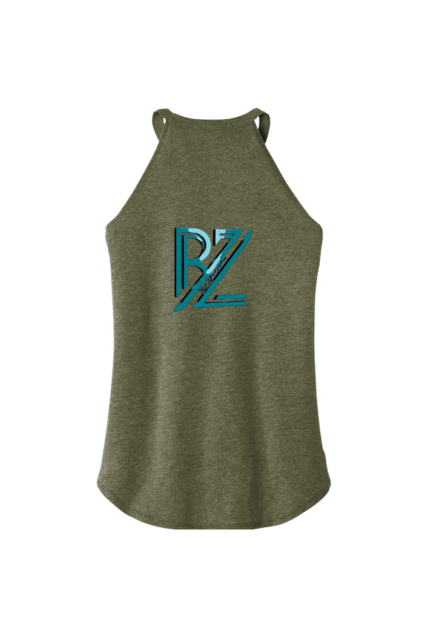 Green tank top with a blue logo on a white background