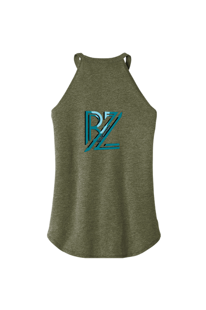 Green tank top with a blue logo on a white background