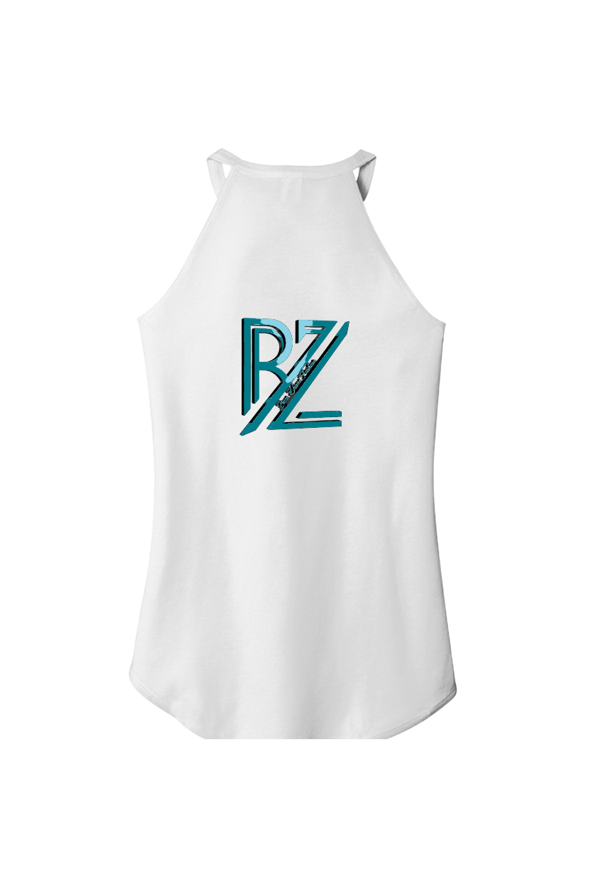 White tank top with a blue and green logo on a white background