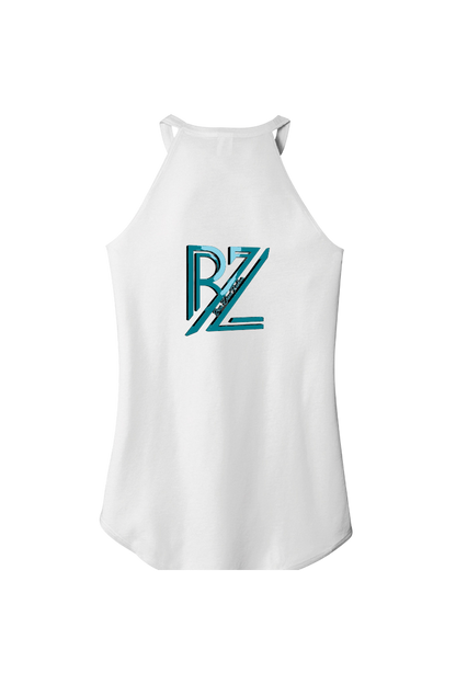 White tank top with a blue and green logo on a white background