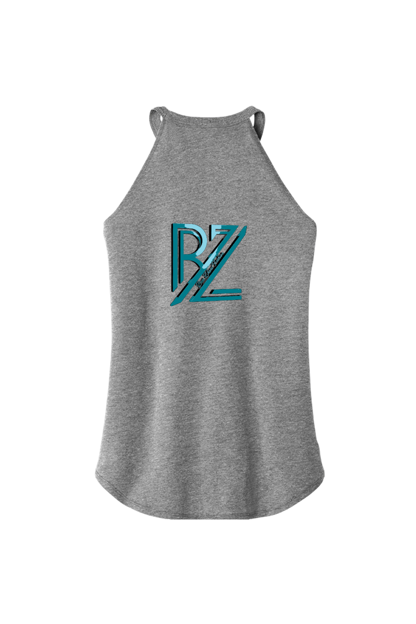 Gray tank top with a blue and green logo on a white background