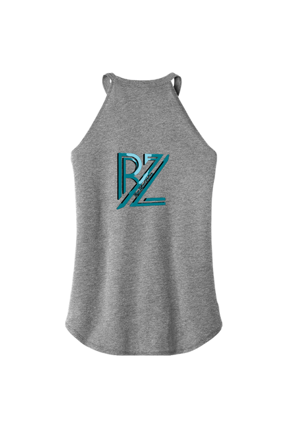 Gray tank top with a blue and green logo on a white background