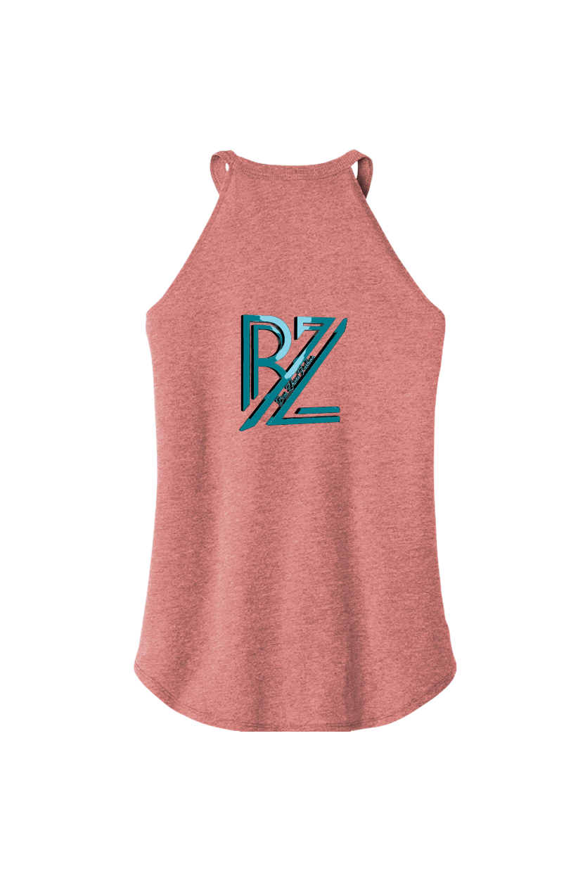 Red tank top with a blue and green logo on a white background