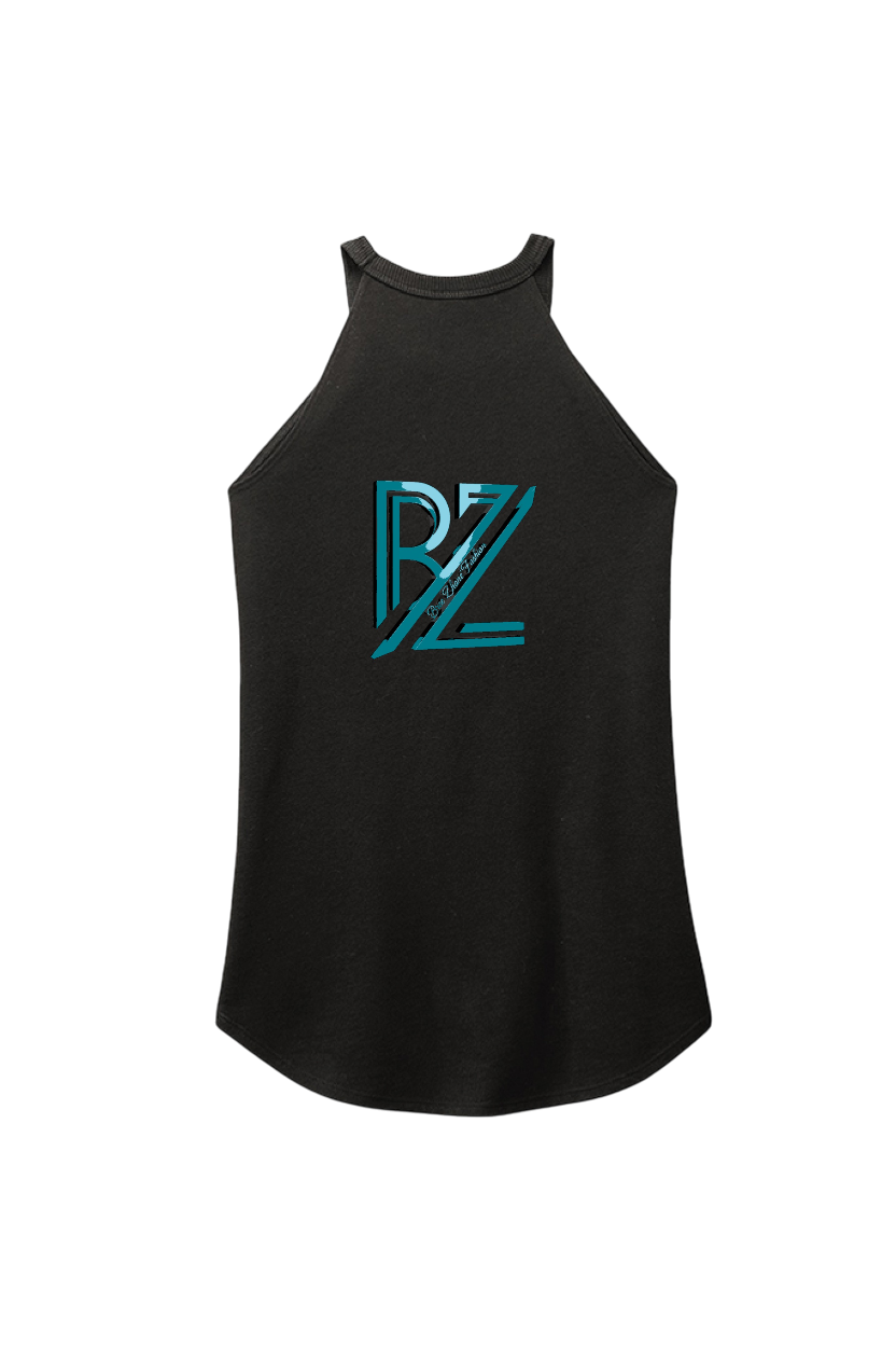 Black tank top with a blue logo on a white background