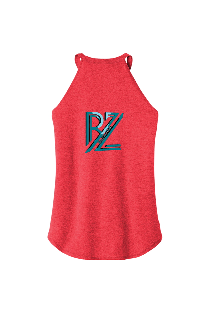 Red tank top with a blue and green logo on a white background