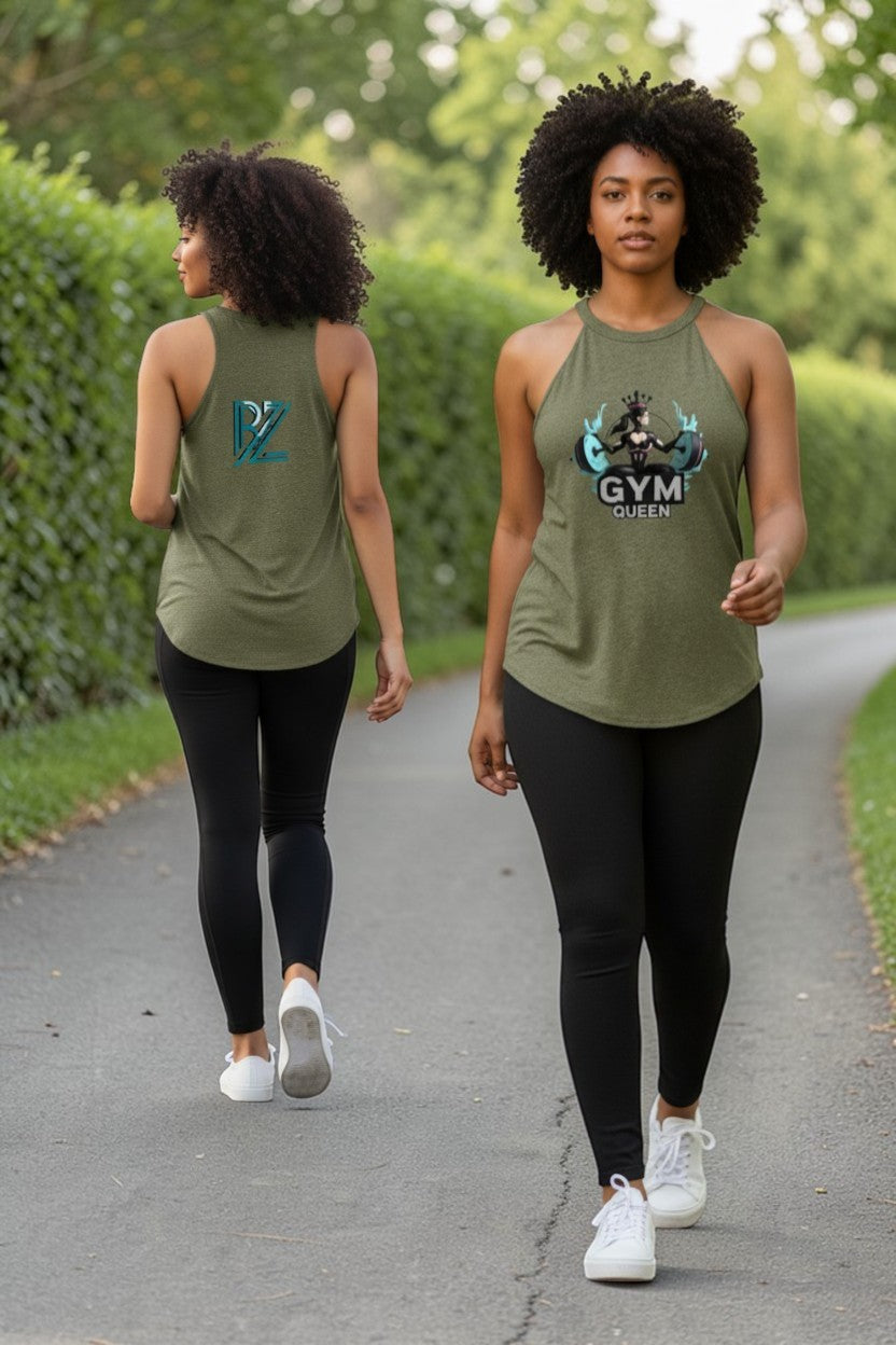 Two women walking outdoors wearing green tank tops with text on a path.