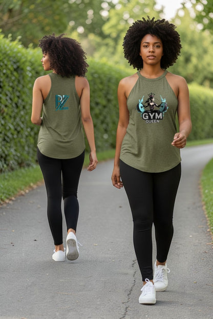 Two women walking outdoors wearing green tank tops with text on a path.