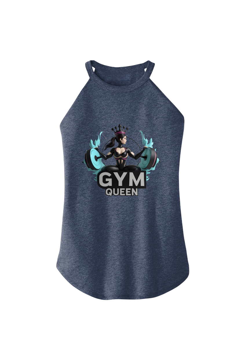 Blue tank top with 'Gym Queen' graphic design on a white background
