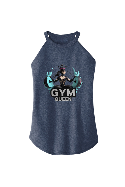 Blue tank top with 'Gym Queen' graphic design on a white background