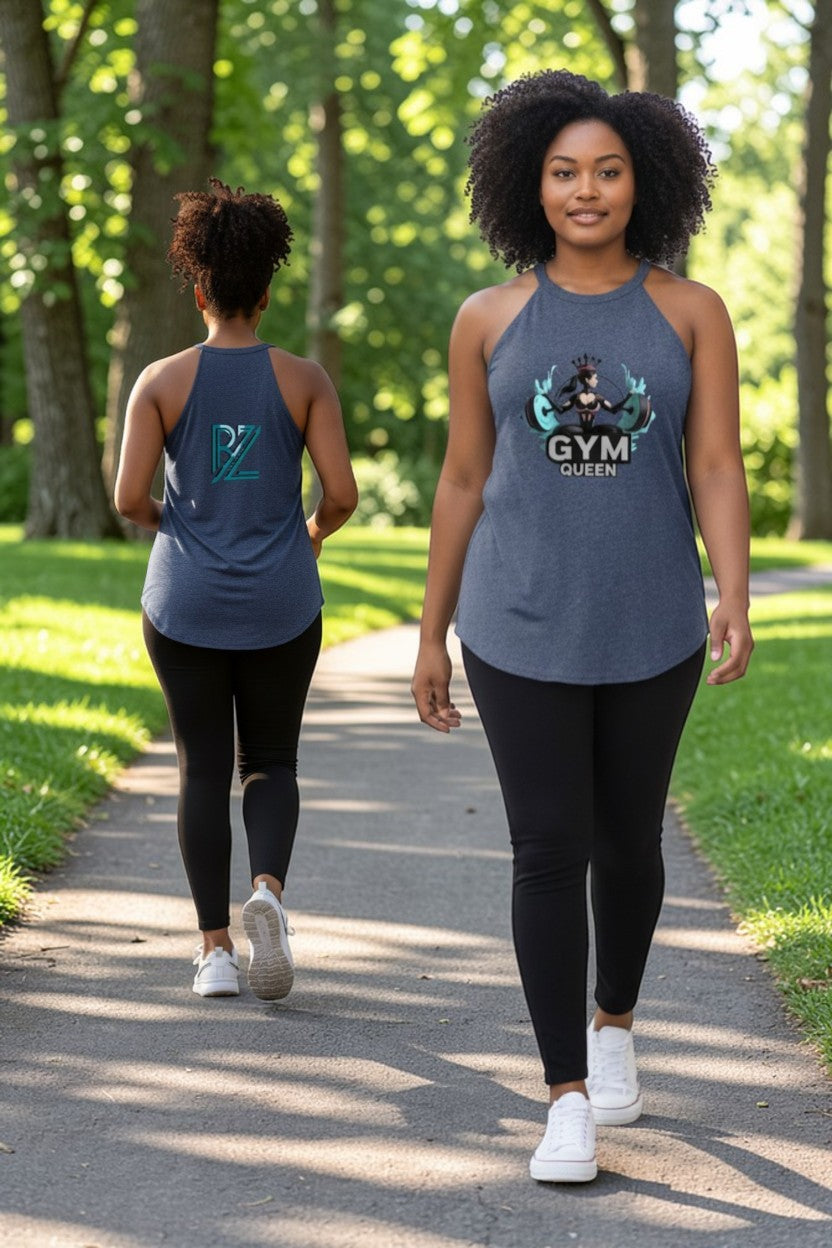 Two women walking on a path in a park, wearing matching blue tank tops with 'GYM QUEEN' text.