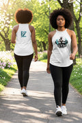 Two women walking outdoors wearing white tank tops with logos.