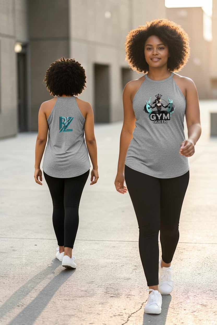 Two women wearing gray tank tops with logos walking on a sidewalk.